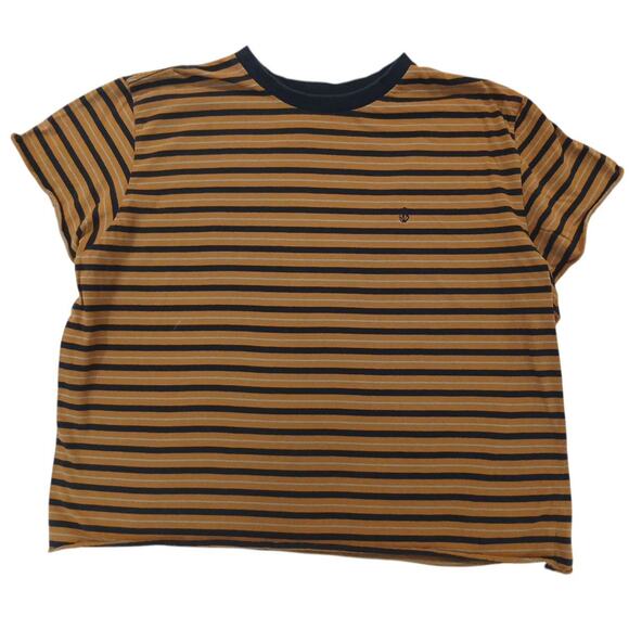 Volcom Womens Striped Short Sleeve T-Shirt Plus Sz XXL Brown Blue Cropped Boxy - Picture 1 of 12